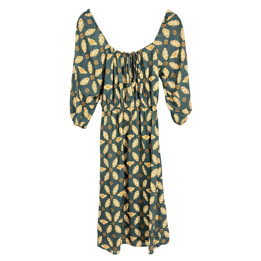 Fairy Butterfly Print Peasant Dress New Green Silky Y2k Babydoll Small‎ Midi
